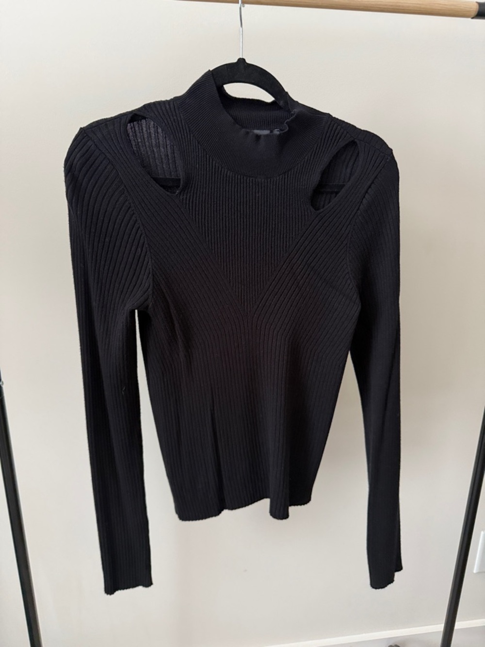 Express Black Ribbed Cutout Long-Sleeve Top